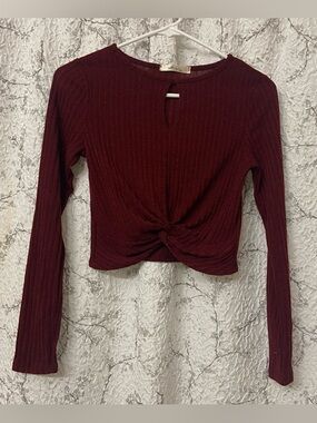 Gaze Burgundy Ribbed Twist-Front Crop Top